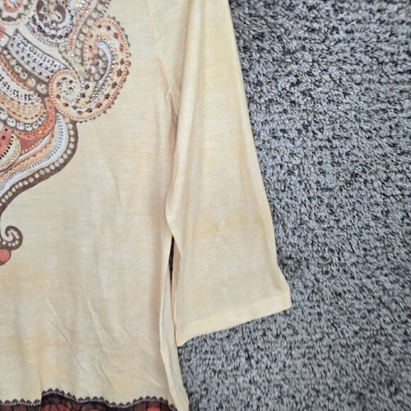 Chicos Top Womens‎ 0 US Small Yellow Embellished V Neck Tee Paisley Ladies - Picture 2 of 7